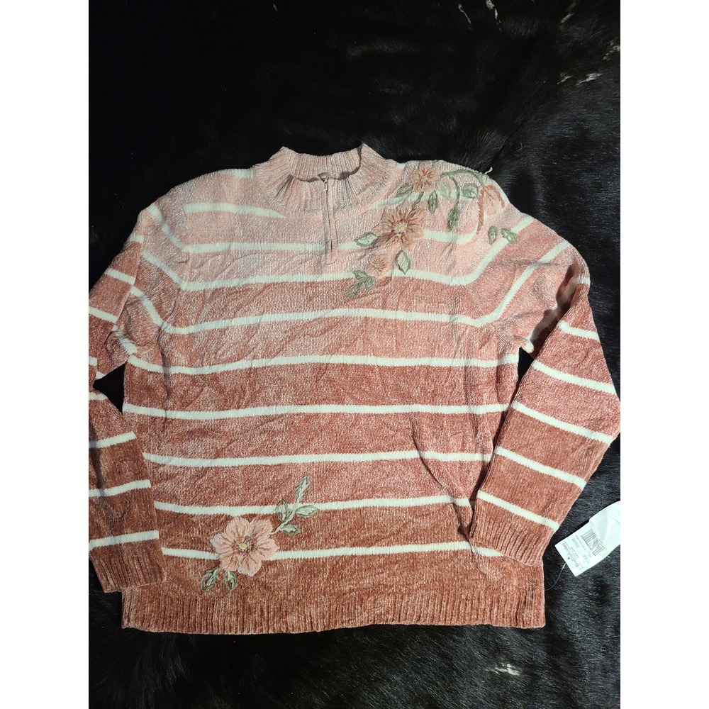Alfred Dunner Sweater Womens XL Pink New Striped Floral Chenille Heart Zip Mock